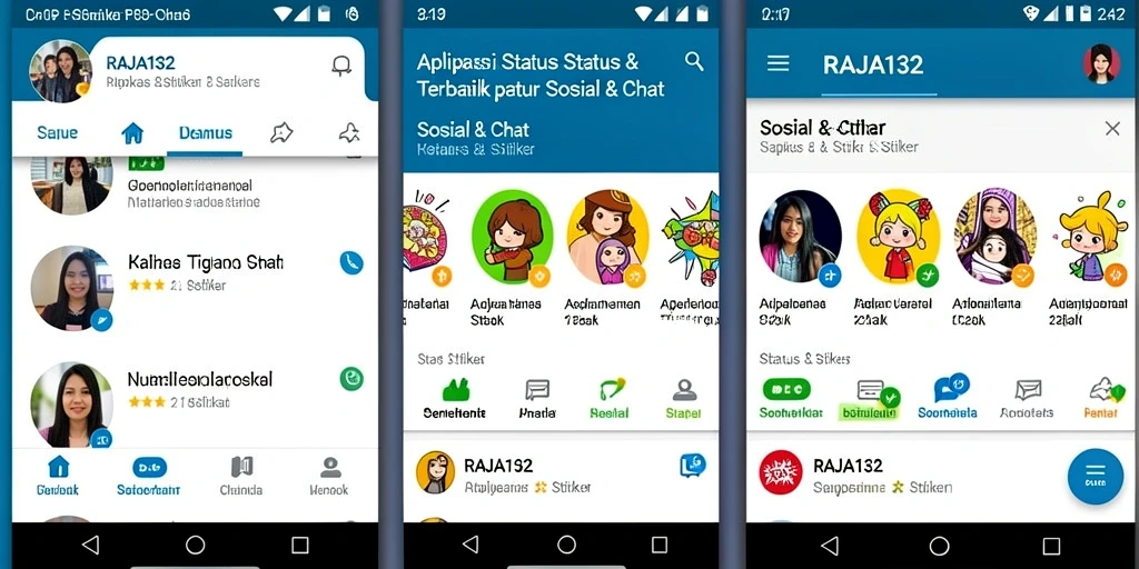 Screenshot antarmuka aplikasi RAJA132 menampilkan stiker menarik dan status.