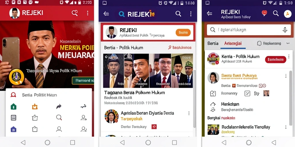 Antarmuka aplikasi REJEKI menampilkan berita politik dan hukum dengan jelas.